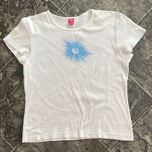 Vintage OCEAN PACIFIC White T-Shirt w Blue & Silver Graphic Retro Surf Indie